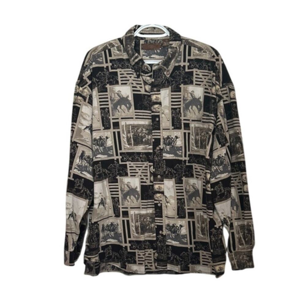 Gallop Men's Black‎ Tan Horse Farm Long Sleeve Button Down Shirt Size XL